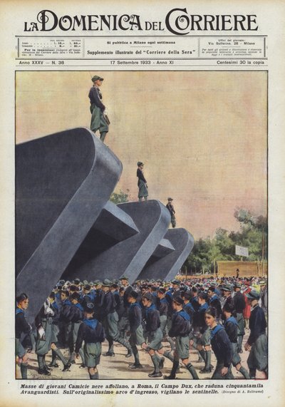 若い黒のシャツの大群が5万人の前衛が集まるローマのカンポダックスに群がる 作： Achille Beltrame