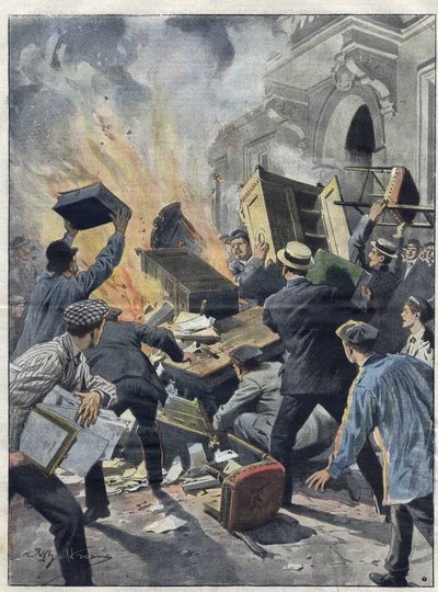 1907年のミディ・ワイン危機：ワインメーカーがベジエ（エロー）の市庁舎に放火した。1907年のAchille Beltrameのイラスト。 作： Achille Beltrame