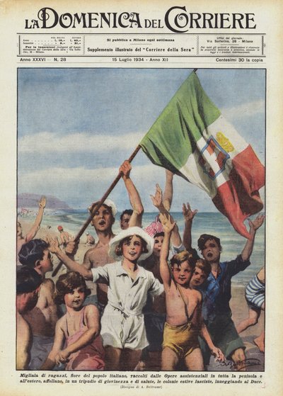 福祉団体が集めた何千人もの少年、イタリア人の花。 作： Achille Beltrame
