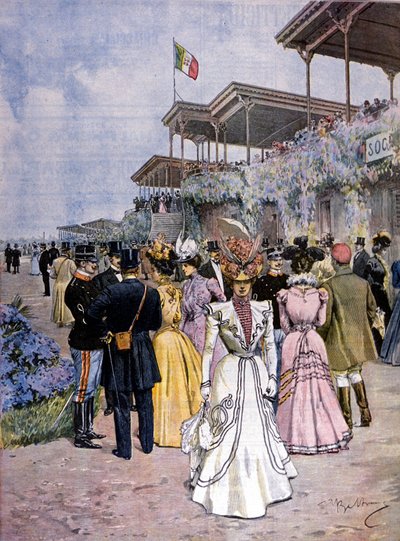 ミラノ：サンシーロ競馬場での競馬：Premio del commercio（貿易賞）を受賞。イラスト：ベルトラメLa Domenica del corriere.1899. 作： Achille Beltrame