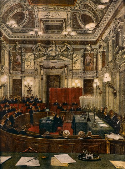 ミラノの新市議会の開会式（Achille Beltrame（1871-1945）作、「La Domenica del Corriere」より）。 作： Achille Beltrame