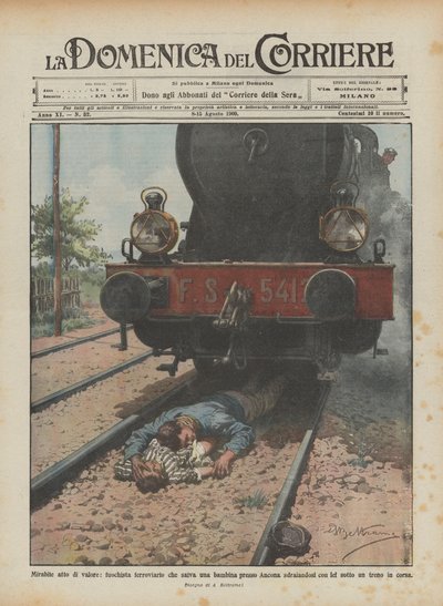 素晴らしい価値ある行為、アンコナ近くの女の子を横になって救う鉄道ストーカー？ 作： Achille Beltrame