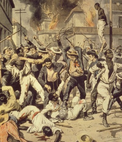 イリノイ州スプリングフィールドで黒人を狩る暴徒、1908 年 8 月の『ラ ドメニカ デル コリエール』より、アシル ベルトラム (1871-1945) 作： Achille Beltrame