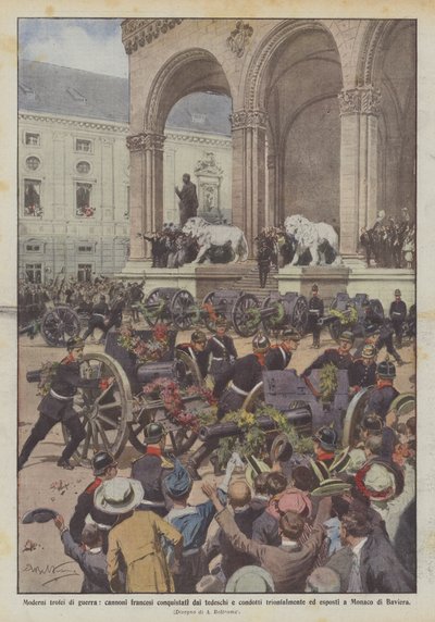 現代の戦争のトロフィー、ドイツ人によって征服され勝利を収めたフランスの大砲？ 作： Achille Beltrame