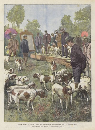 犬の狩猟とシロ競馬場での地上試験の展示、分類 作： Achille Beltrame
