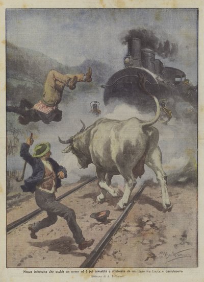 人を殺し、ルッカとカステルヌオーヴォの間を電車にひかれ、押しつぶされる怒りの牛 作： Achille Beltrame