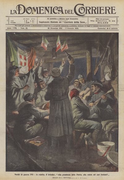 1915年の戦争のクリスマス、トースト、祖国の偉大さ、遠くの愛する人の健康へ！ 作： Achille Beltrame