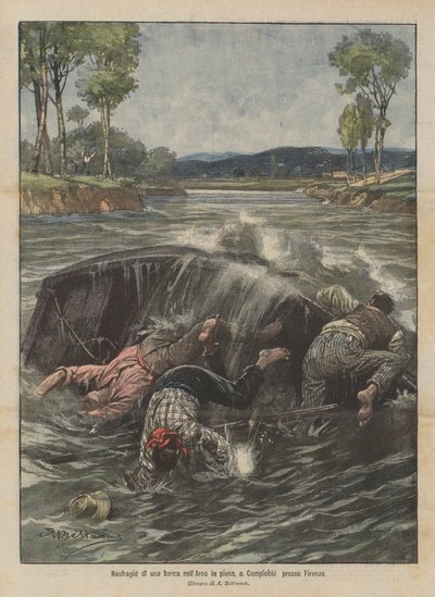 フィレンツェ近くのコンピオビで、洪水のアルノでのボートの難破船 作： Achille Beltrame