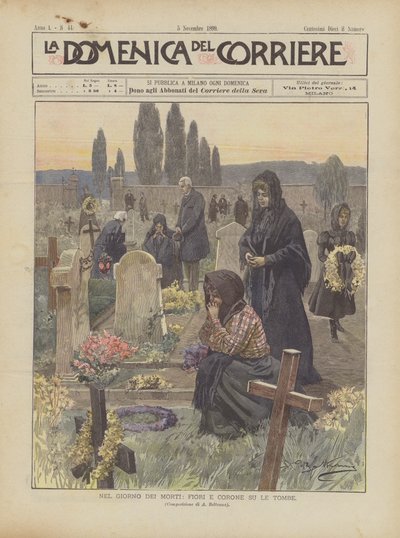 死者の日、墓の上の花と冠 作： Achille Beltrame
