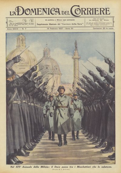 第14回民兵では、デュースは彼を迎える銃士の間を通過します。 作： Achille Beltrame