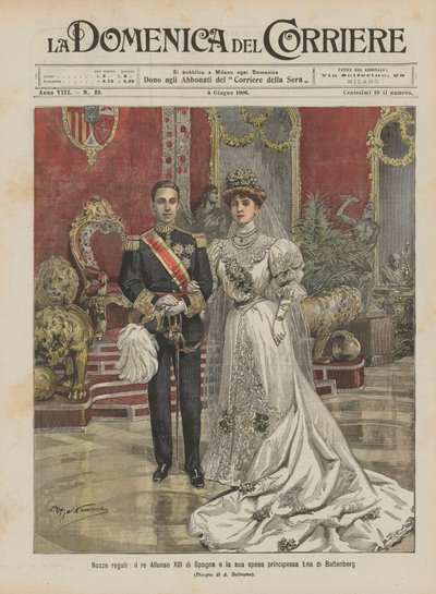 王室の結婚式、スペインのアルフォンソ13世と彼の花嫁、バッテンベルクのエナ王女 作： Achille Beltrame