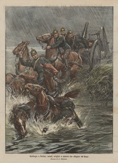 ベルリンの嵐、馬、砲手、泥で溺れる大砲 作： Achille Beltrame