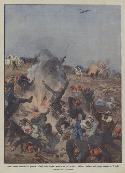 新しい攻撃的な戦争手段、イタリアの軍事飛行士が発射した爆弾の影響？ 作： Achille Beltrame