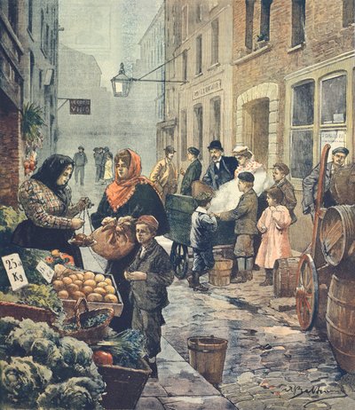 Achille Beltrame（1871-1945）が描いた、ロンドンのソフロン・ヒルにあるイタリア人街の特徴的な通り（「La Domenica del Corriere」より 作： Achille Beltrame