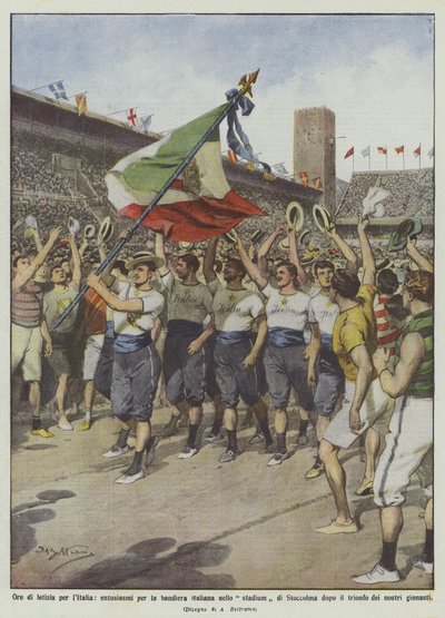 イタリアの喜びの時間、ストックホルムスタジアムでのイタリアの旗への熱意？ 作： Achille Beltrame