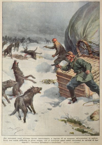 着陸したロシアの熱気球の乗組員を襲うオオカミの群れ（「La Corriere della Sera」のイラスト 作： Achille Beltrame