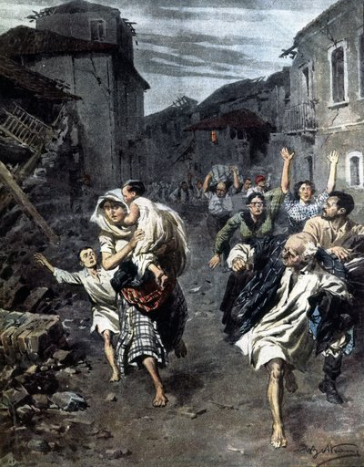 1908年の地震によるレッジョ・カラブリアのパニック。Beltrameによるイラスト。1908 作： Achille Beltrame