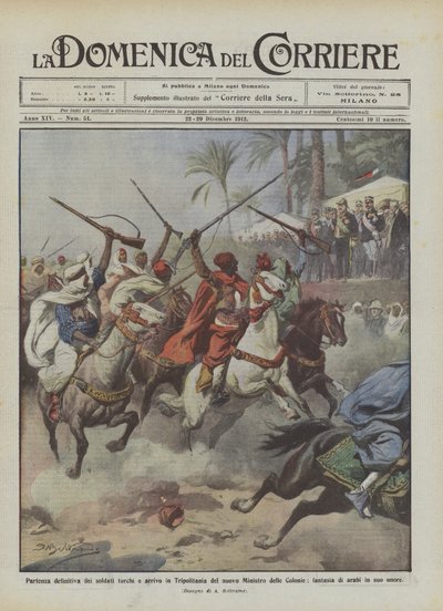 トルコの兵士の決定的な出発と新しい植民地大臣のトリポリタニアへの到着？ 作： Achille Beltrame