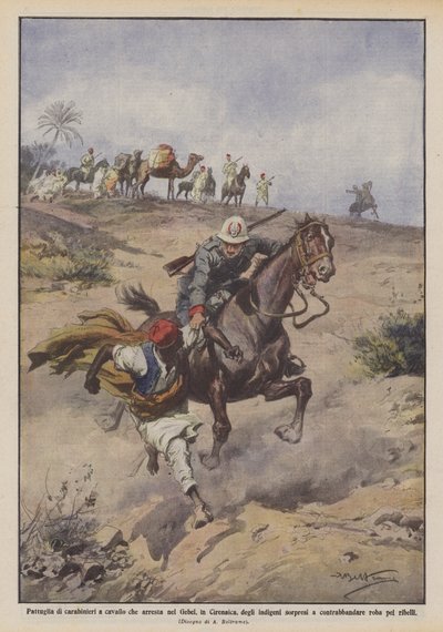 キレナイカのイベルで先住民を乗馬で逮捕したカラビニエリのパトロール？ 作： Achille Beltrame