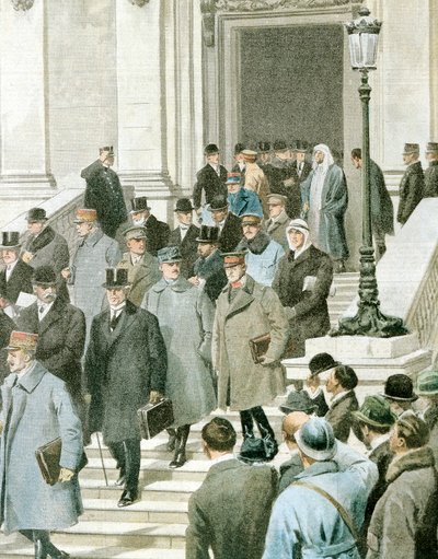 パリのオルセー美術館を後にする平和会議参加者たち 作： Achille Beltrame