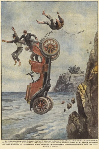 車が海岸沿いの道を離れる際に落下する人々 作： Achille Beltrame