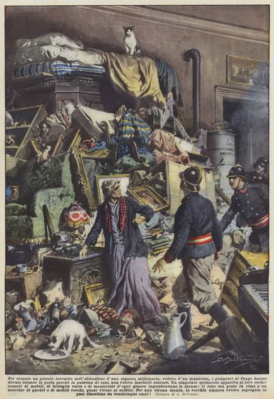 億万長者の女性、ミュージシャンの未亡人の家で小さな火を飼いならすために？ 作： Achille Beltrame