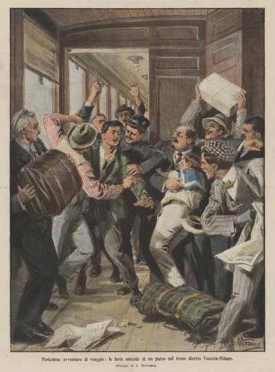 危険な旅行の冒険、ヴェネツィアとミラノの直通列車での狂人の殺害 作： Achille Beltrame
