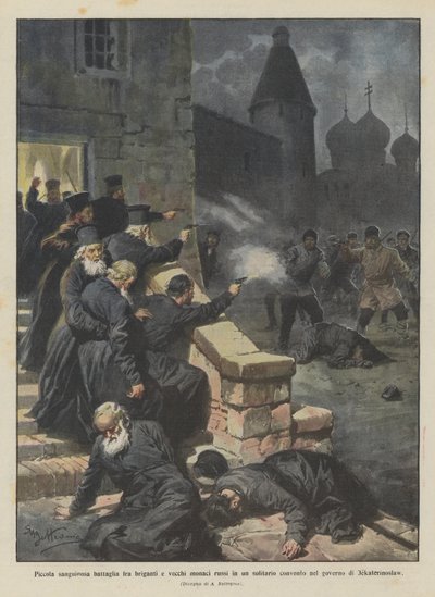 孤独な修道院での旅団と古いロシアの修道士の間の小さな血なまぐさい戦い？ 作： Achille Beltrame
