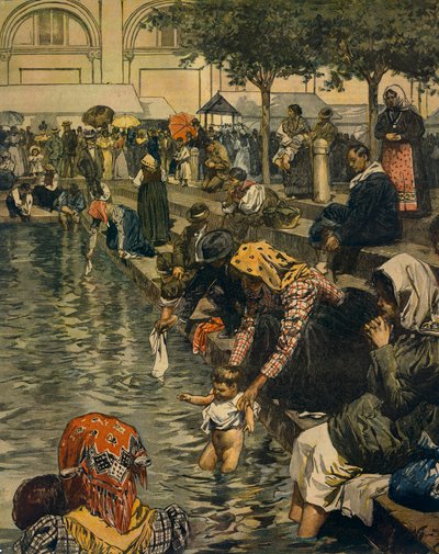 カラヴァッジオへの巡礼。奇跡の水を浴びる」アキレ・ベルトラメ（1871-1945）著、「ラ・ドメニカ・デル・コリエール」より 作： Achille Beltrame