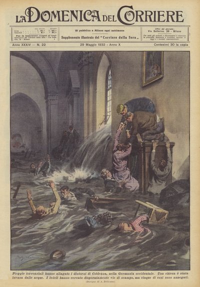 集中豪雨がドイツ西部のコブレンツ周辺に氾濫した 作： Achille Beltrame