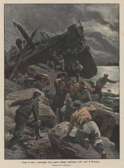 海の海賊、ブルターニュの海岸で難破したイタリアの蒸気の略奪 作： Achille Beltrame