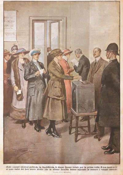 イギリスの政治選挙。初めて投票する女性たち、Achille Beltrame（1871-1945）、「La Domenica del Corriere」より、20世紀 作： Achille Beltrame