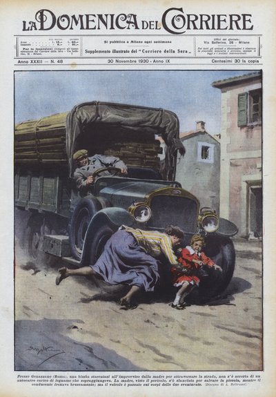 Genazzano（Rome）で、突然母親から離れて交差する少女？ 作： Achille Beltrame