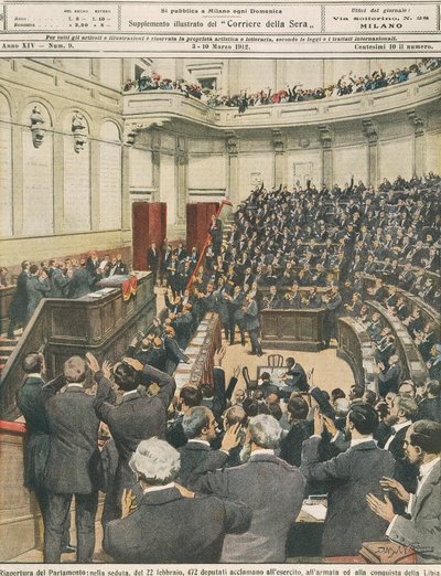 2月22日夜のイタリア議会再開会、リビアでの作戦成功後の軍隊への応援、イラストレーター、Achille Beltrame（1871-1945）、1912年3月3日のLa Domenica del Corriereより。 作： Achille Beltrame