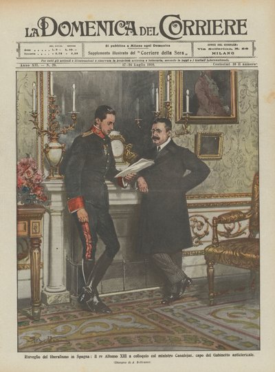 カナレハス大臣との会話でスペインの自由主義の目覚め、アルフォンソ13世国王？ 作： Achille Beltrame
