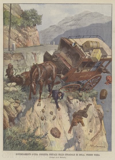 ニース近くのイゾラ道路の郵便バスの転覆 作： Achille Beltrame