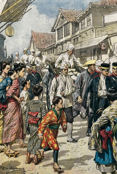 日露戦争（1904～1905年）。亞流の戦いの第一陣の負傷者の東京到着（1904年2月）。Achille Beltrameが「La Domenica del Corriere」のために描いたもの。エッチング。 作： Achille Beltrame