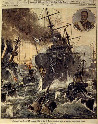 日露戦争(1904-1905)、ロシア海軍の敗北で終わった朝鮮海峡での海戦、6月11日 作： Achille Beltrame