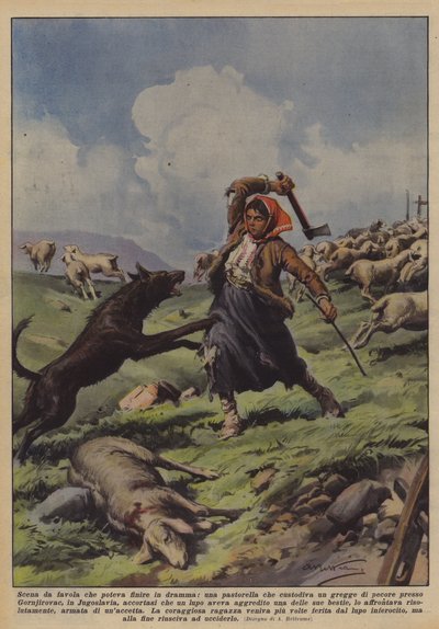 ドラマで終わるおとぎ話のシーン、羊の群れを守った羊飼い？ 作： Achille Beltrame