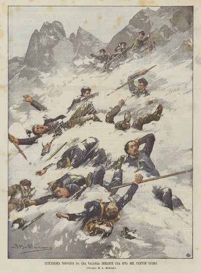 ティチーノ州での旅行中に雪崩に驚いた小学生 作： Achille Beltrame