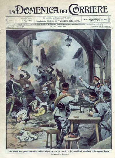 ブルガリアとギリシャ、トルコとの間で第二次バルカン戦争（1913年）が勃発。ブルガリア兵がギリシャのニグリタに火を放ち、破壊する。ラ・ドメニカ・デル・コリエール07/1913.Beltrameのイラスト。 作： Achille Beltrame