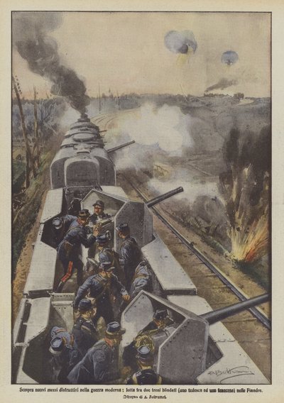 フランダースの現代の戦争では常に新しい破壊的な手段、2つの装甲列車（ドイツとフランスの1つ）間の闘争 作： Achille Beltrame