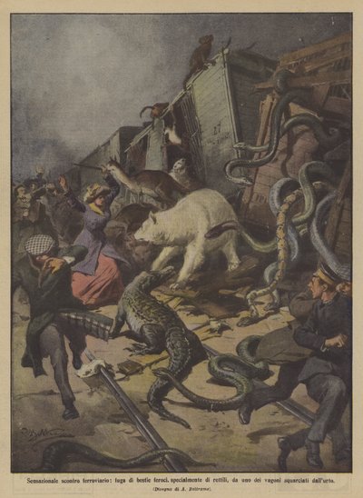 センセーショナルなレールバトル、野獣、特に爬虫類の飛行？ 作： Achille Beltrame