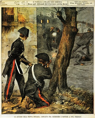 シチリアのマフィアのイベント、トラーパニでのカラビニエリとマフィアのギャングの戦い、イラスト、イラストレーターのAchille Beltrame（1871-1945）による、1899年12月31日のLa Domenica del Corriereより。 作： Achille Beltrame