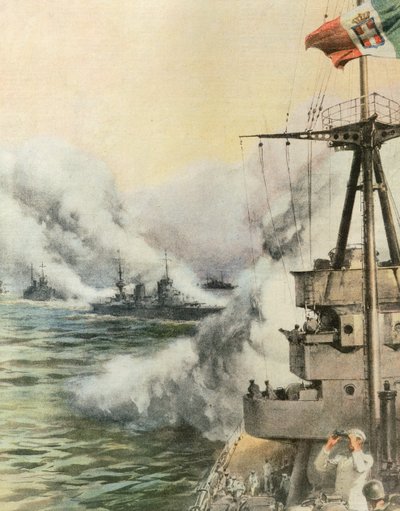 敵機に発見されたイタリア船団は、船を守るために煙幕を張る。 作： Achille Beltrame