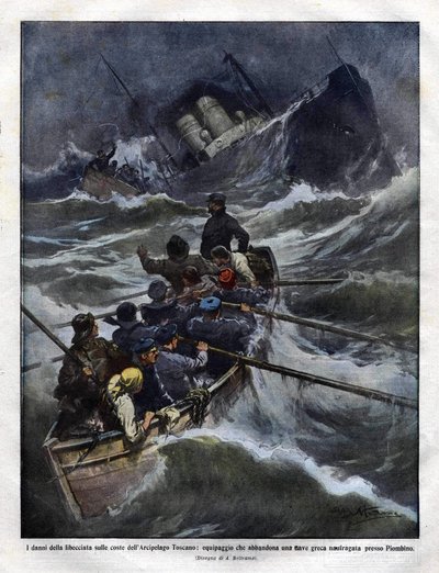 1910年、トスカーナ沖でのイタリア船の沈没（イラスト：Achilles Beltrame 作： Achille Beltrame
