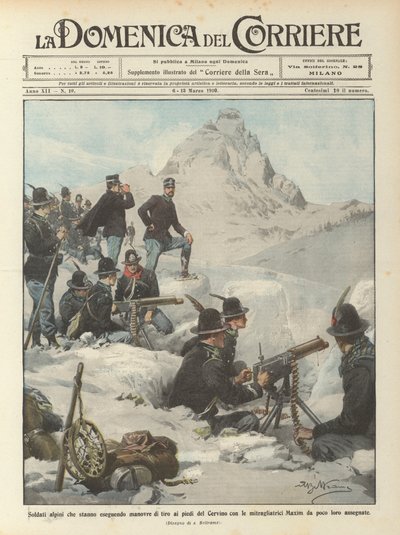 マッターホルンの麓で機関銃を使って射撃演習を行っている高山兵士？ 作： Achille Beltrame