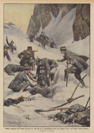 雪崩のなかで40時間の埋葬を行った後、第7高山軍に所属する兵士が生きていることがわかりましたか？ 作： Achille Beltrame