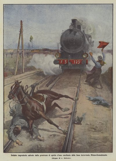 ミラノ-ドモドッソラ鉄道の精神砂丘料金所の準備によって救われた軽率な兵士 作： Achille Beltrame