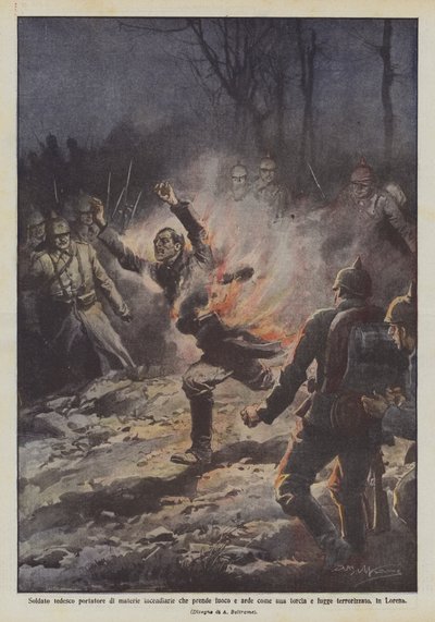 火をつけてトーチのように燃えて逃げた焼夷弾を運ぶドイツの兵士？ 作： Achille Beltrame